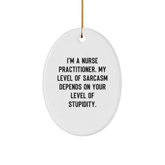 Funny Nurse Practitioner Gifts - 'I'm A Nurse Practitioner. My Level Of Sarcasm Depends On Your Level Of Stupidity.' Oval Ornament for Christmas, Gifts from Friends, Coworkers to Nurse Practitioner - Image 1
