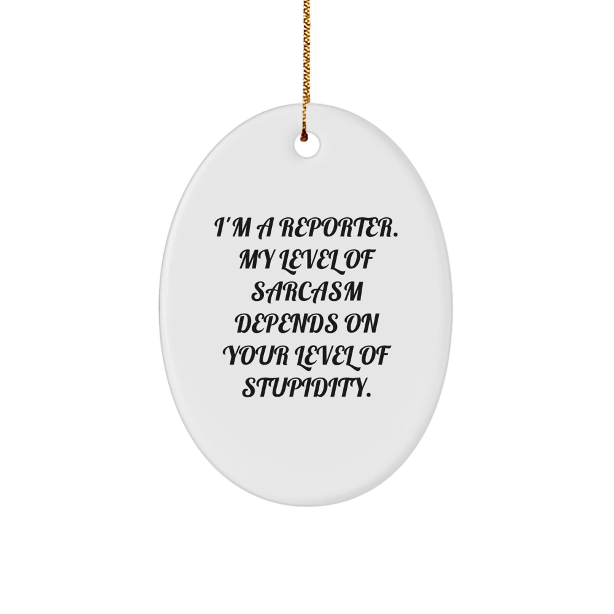 Funny Reporter Gifts: 'I'm A Reporter. My Level Of Sarcasm Depends On Your Level Of Stupidity.' Oval Ornament for Christmas, Gifts from Friends or Coworkers to Reporter, Men, Women, or Family - Image 1