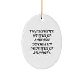 Funny Reporter Gifts: 'I'm A Reporter. My Level Of Sarcasm Depends On Your Level Of Stupidity.' Oval Ornament for Christmas, Gifts from Friends or Coworkers to Reporter, Men, Women, or Family - Image 1