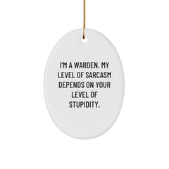 Warden Gifts, Funny Oval Ornament, I'm A Warden. My Level Of Sarcasm Depends On Your Level Of Stupidity., Gifts from Men to Warden, Christmas Unique Gifts - Image 1