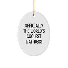 Funny Waitress Gifts from Men for Christmas Unique Oval Ornament - 'Officially The World's Coolest Waitress' Quote Oval Ornament Gifts for Waitress - Image 1