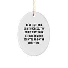 Funny Fitness Trainer Gifts from Friends for Christmas - Oval Ornament, If At First You Don't Succeed, Try Doing What Your 'Fitness Trainer' Told You To Do The First Time, White Oval Shape - Image 1