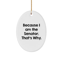 Funny Senator Gifts, Oval Ornament Because I Am The Senator. That's Why., Christmas Unique Presents for Men from Friends, Coworkers, Family - Image 1