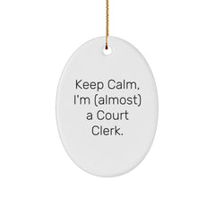 Funny Court Clerk Gifts from Friends Keep Calm, I'm (almost) A Court Clerk. Oval Ornament for Christmas for Court Clerks and Court Clerk Lovers - Image 1