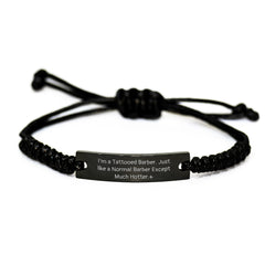 Funny Barber Gifts, 'I'm A Tattooed Barber...' Engraved Rope Bracelet, Adjustable, Birthday Presents for Men from Friends, Unique Men's Jewelry - Image 1