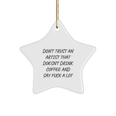 Funny Artist Gifts, Gifts from Men, Gifts for the Artist, White Star Ornament with Festive Gold Cord - Image 1