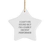 Funny Performer Gifts from Friends for Christmas - Star Ornament with 'I Can't Fix Stupid But I'm A Fairly Decent Performer' Quote - Image 1