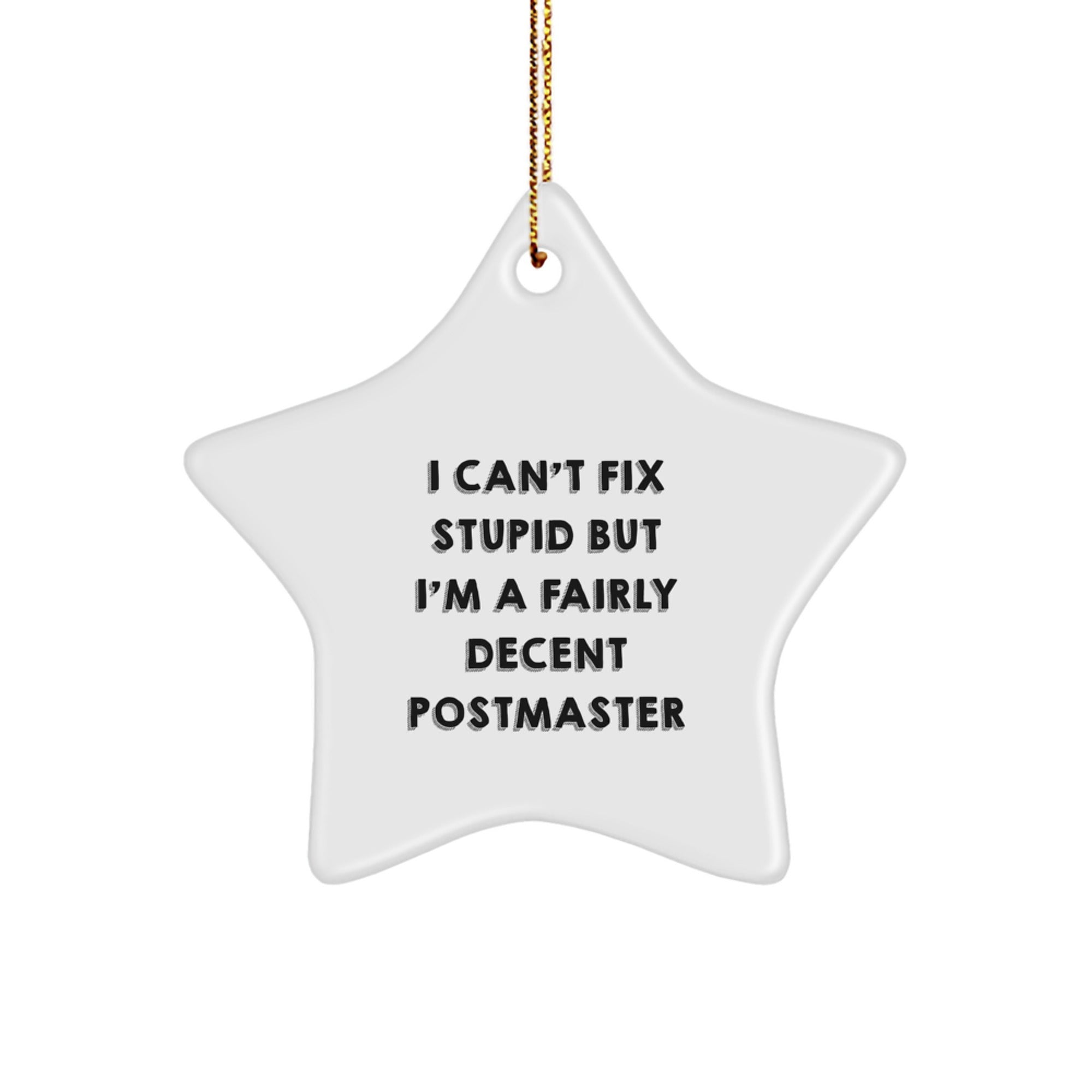 Funny Postmaster Gifts from Friends and Family - Star Ornament with I Can't Fix Stupid But I'm A Fairly Decent Postmaster Quote for Christmas - Image 1