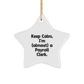 Keep Calm, I'm (almost) A Payroll Clerk! Gifts from Friends and Family for Payroll Clerk, Star Ornament for Christmas, Funny Quote - Image 1