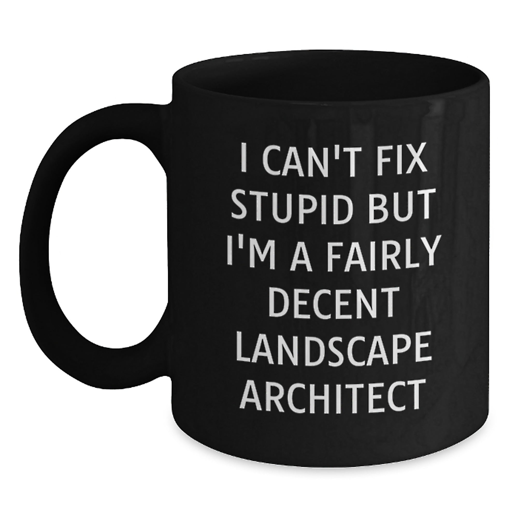 Funny Landscape Architect Black Coffee Mugs Gifts from Friends to Colleagues, 'I Can't Fix Stupid But I'm A Fairly Decent Landscape Architect', Black Ceramic Mug, 11oz or 15oz, Christmas Unique - Main