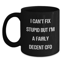 Funny CFO Gift, I Can't Fix Stupid But I'm A Fairly Decent CFO Christmas Unique Gifts for Men, Women, Friends, Coworkers, Family, Black Coffee Mug - Main