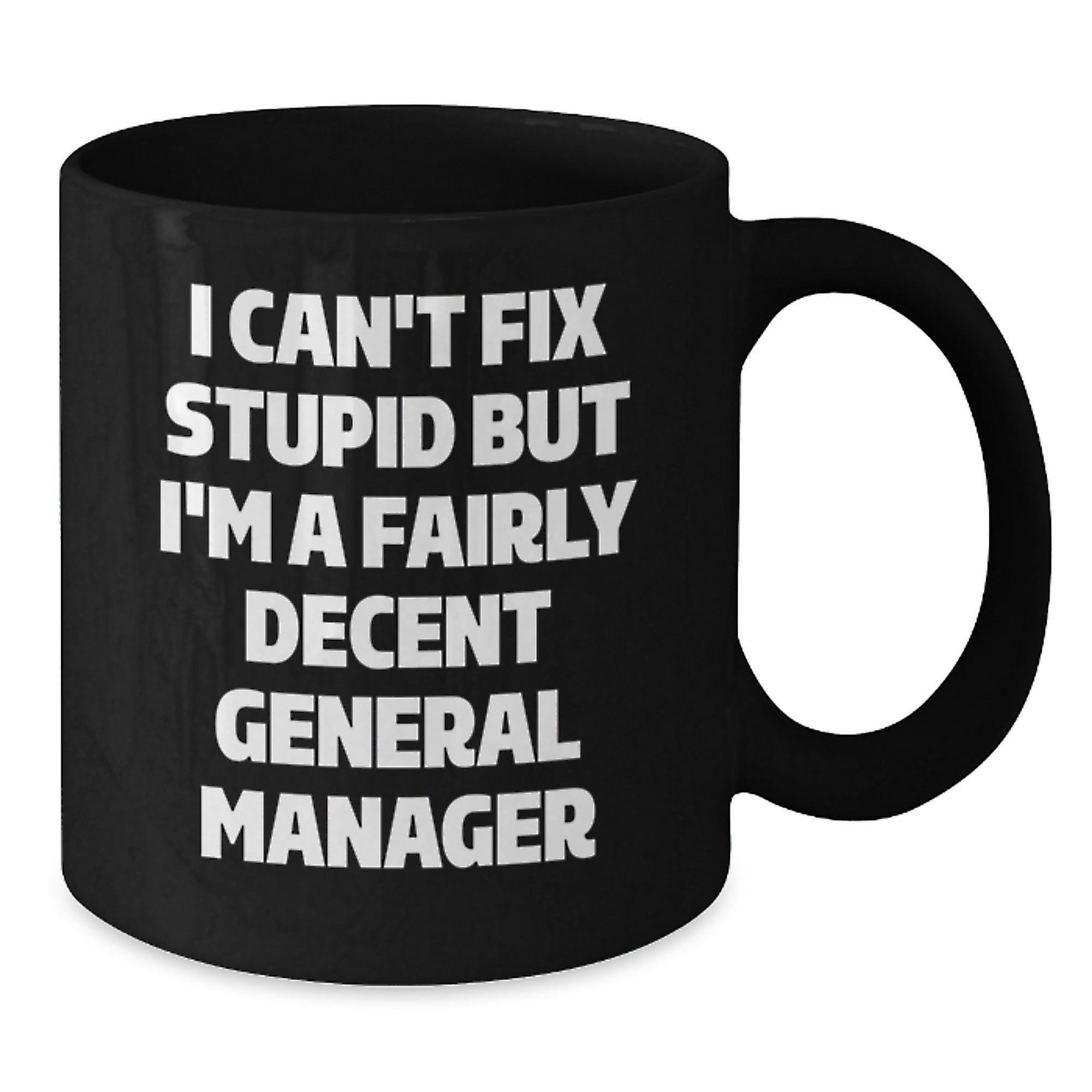 Funny General Manager Gifts, 'I Can't Fix Stupid But I'm A Fairly Decent General Manager' Black Coffee Mug for Graduation, Gifts from Men to General Manager - Additional