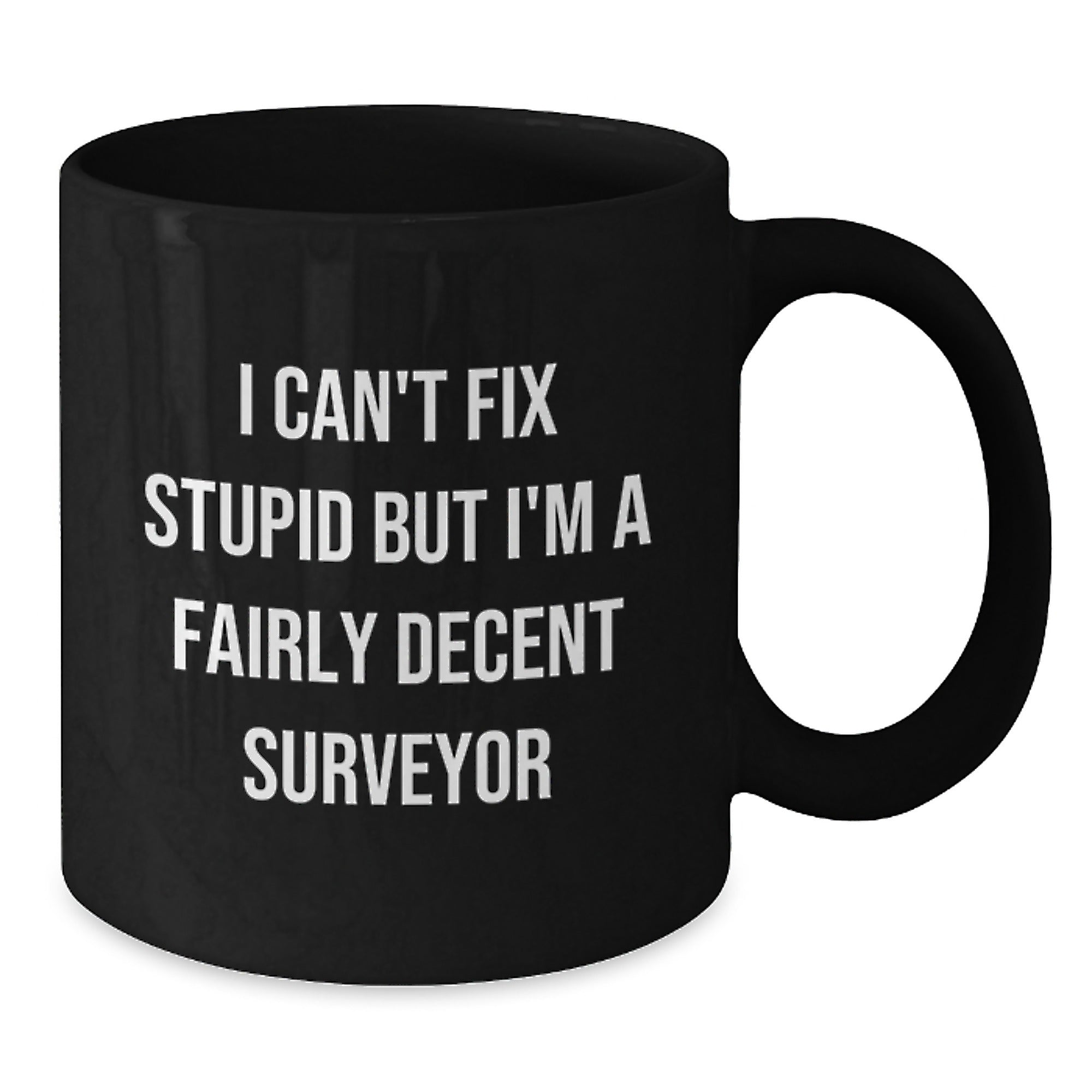 Funny Surveyor Gifts for Men from Friends, 'I Can't Fix Stupid But I'm A Fairly Decent Surveyor' Black Coffee Mug, Graduation Unique Presents - Additional