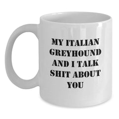 Italian Greyhound Dog Lovers Funny Gifts from Women, Gifts for Italian Greyhound Dog Owners, White Coffee Mug with Quote 'My Italian Greyhound And I Talk Shit About You' for Birthday - Main