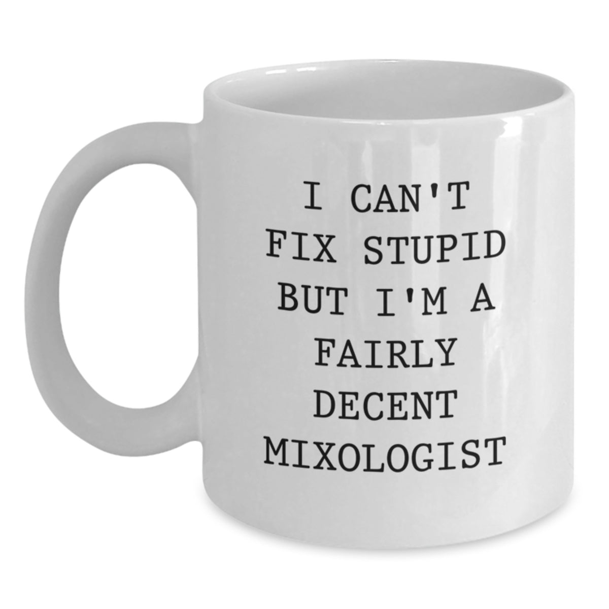 Funny Mixologist Gifts for Men or Women, White Coffee Mug, I Can't Fix Stupid But I'm A Fairly Decent Mixologist, Unique Christmas Unique Gifts from Friends, Family, or Coworkers - Main