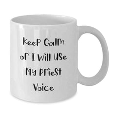 Funny Priest Gifts for Men from Friends, White Coffee Mug with 'Keep Calm Or I Will Use My Priest Voice', Christmas Unique - Additional