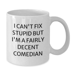 Funny Comedian Gifts from Friends for Comedian, White Coffee Mug, I Can't Fix Stupid But I'm A Fairly Decent Comedian, Christmas Unique - Additional