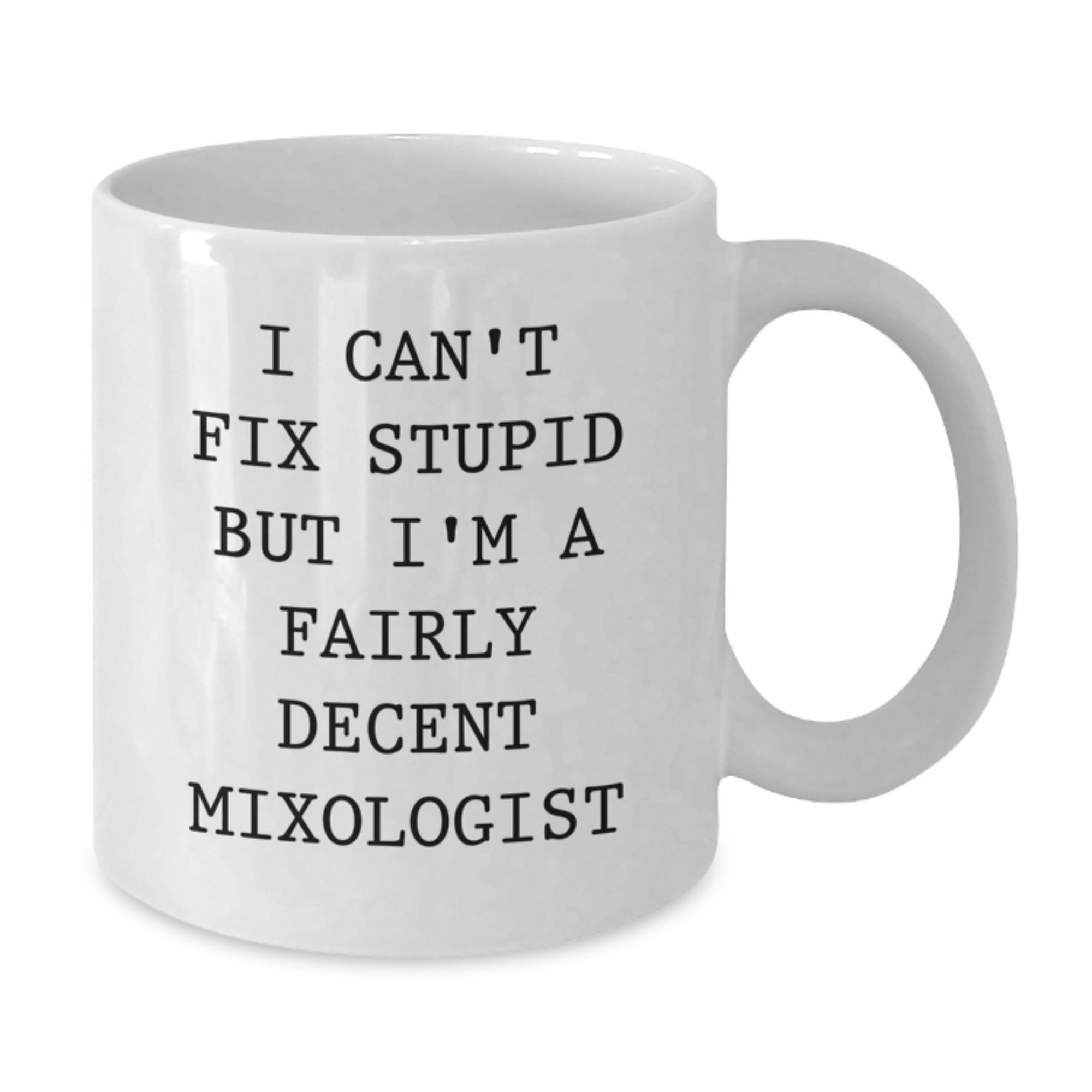 Funny Mixologist Gifts for Men or Women, White Coffee Mug, I Can't Fix Stupid But I'm A Fairly Decent Mixologist, Unique Christmas Unique Gifts from Friends, Family, or Coworkers - Additional