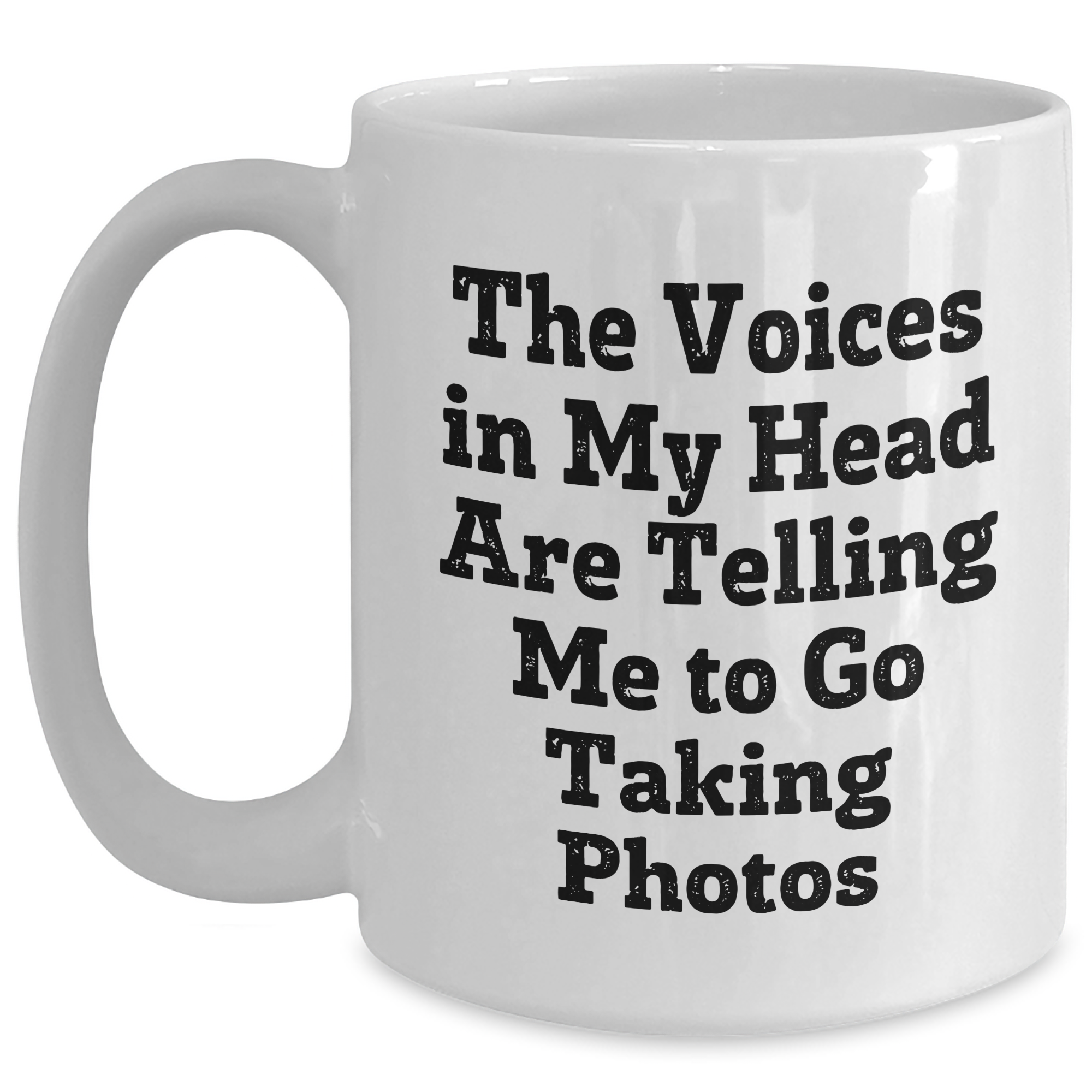 Funny Taking Photos Gifts for Men from Friends, Unique White Coffee Mug for Graduation, 'The Voices In My Head Are Telling Me To Go Taking Photos' Quote - Main