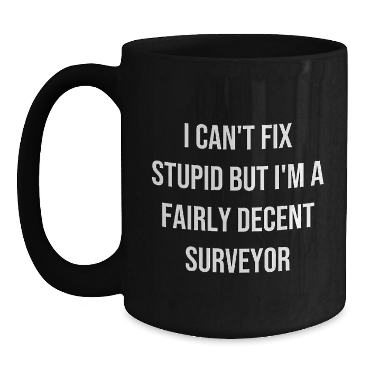 Funny Surveyor Gifts for Men from Friends, 'I Can't Fix Stupid But I'm A Fairly Decent Surveyor' Black Coffee Mug, Graduation Unique Presents - Main