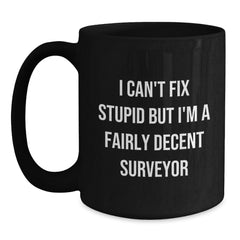 Funny Surveyor Gifts for Men from Friends, 'I Can't Fix Stupid But I'm A Fairly Decent Surveyor' Black Coffee Mug, Graduation Unique Presents - Main