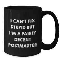Funny Postmaster Gifts, I Can't Fix Stupid But I'm A Fairly Decent Black Coffee Mug for Graduation, Gift from Friends to Postmaster, Unique and Humorous - Additional