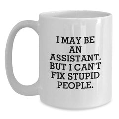 Gifts for Assistants, Funny White Coffee Mug, Christmas Unique Gifts from Friends - 'I May Be An Assistant, But I Can't Fix Stupid People.' - Main