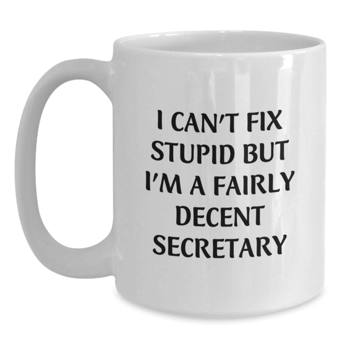 Funny Secretary Gifts from Friends and Family, Inspirational White Coffee Mug for Graduation 'I Can't Fix Stupid But I'm A Fairly Decent Secretary' - Main