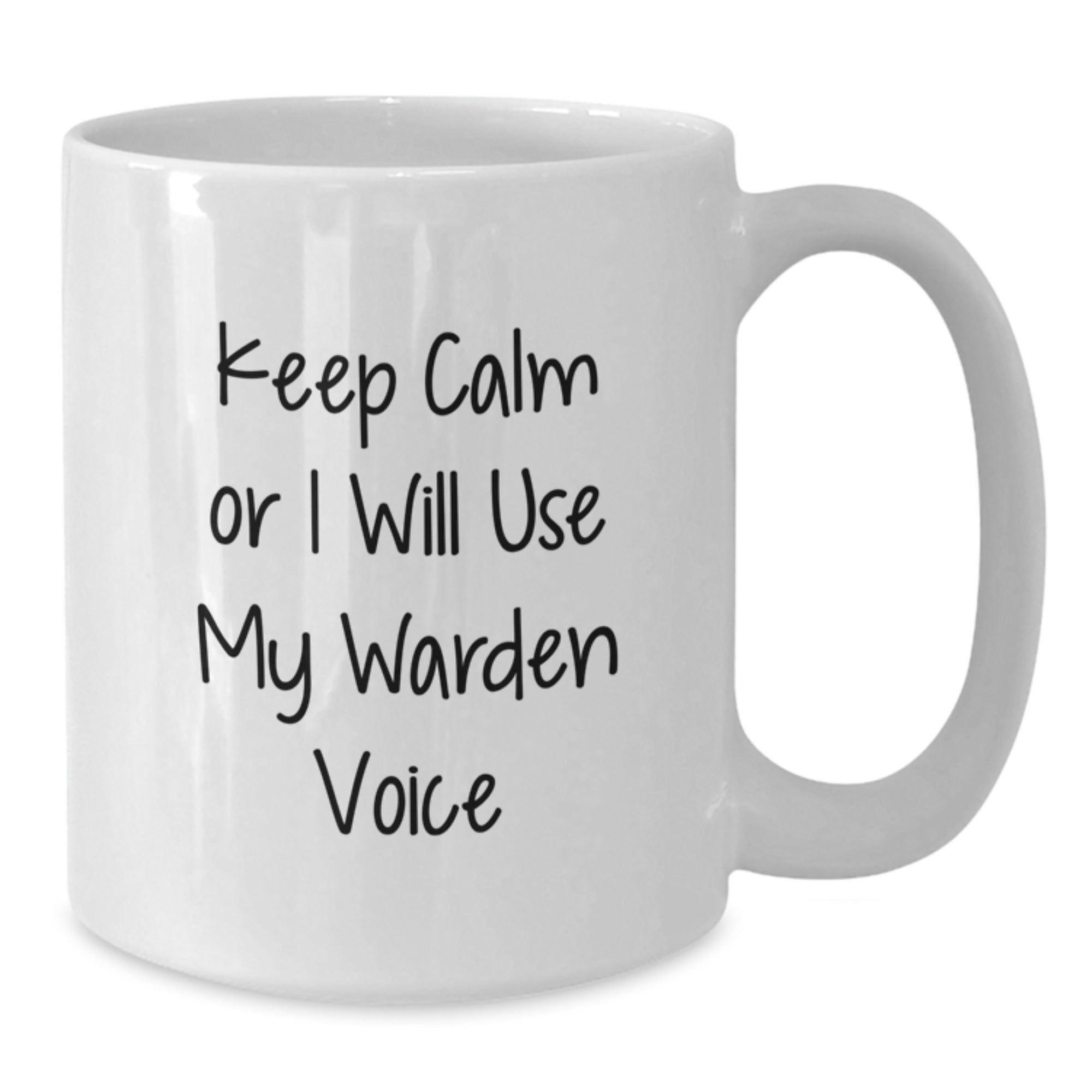 Funny Warden Gifts from Friends for Women - Keep Calm Or I Will Use My Warden Voice White Coffee Mug, White, 11oz or 15oz Capacity, Ceramic, Microwave and Dishwasher Safe - Additional