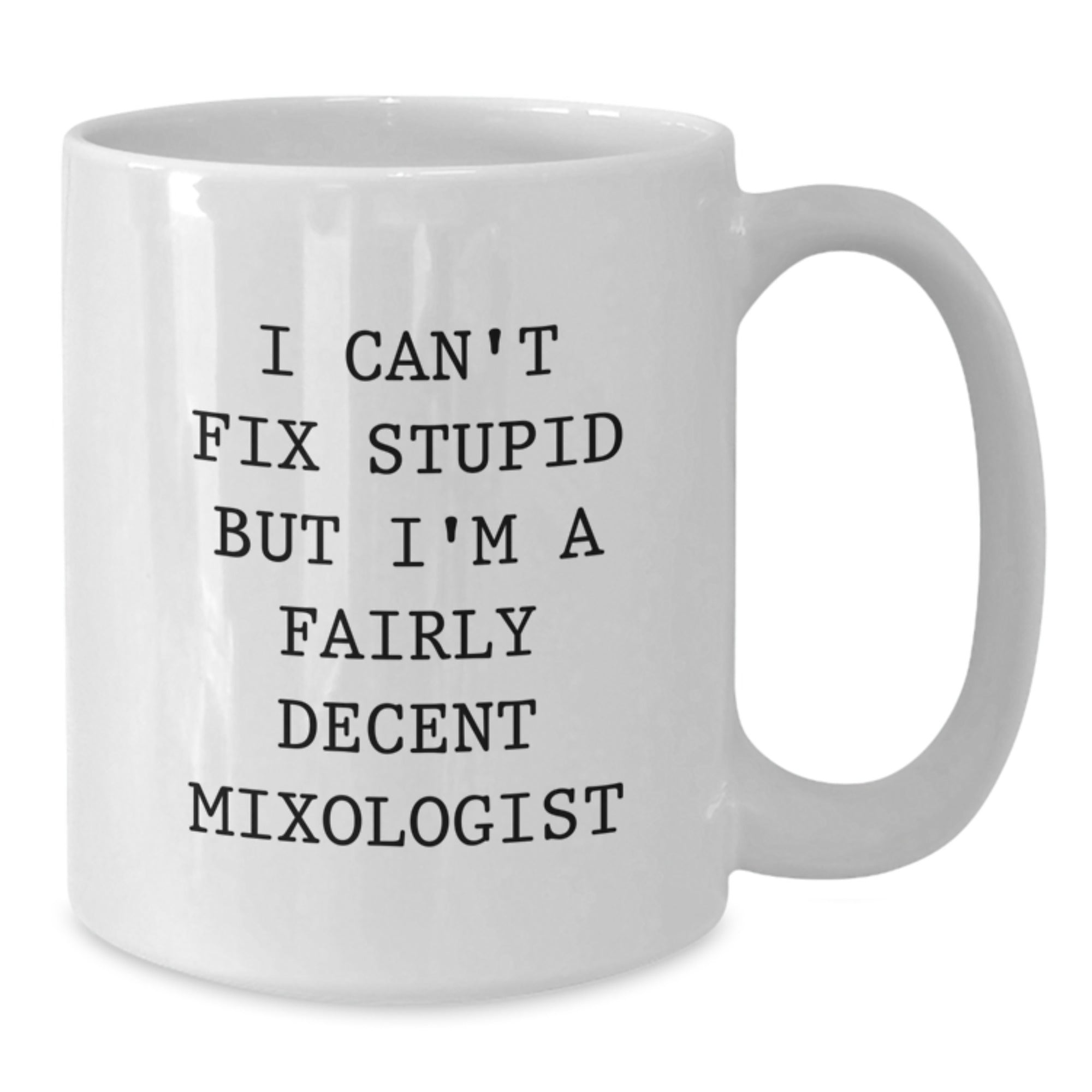Funny Mixologist Gifts for Men or Women, White Coffee Mug, I Can't Fix Stupid But I'm A Fairly Decent Mixologist, Unique Christmas Unique Gifts from Friends, Family, or Coworkers - Additional