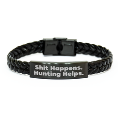Funny Hunting Gifts for Men - Interlaced Leather Bracelet with Stainless Steel - 'Shit Happens. Hunting Helps.' - Gift from Dad to Son or Friend - Image 1