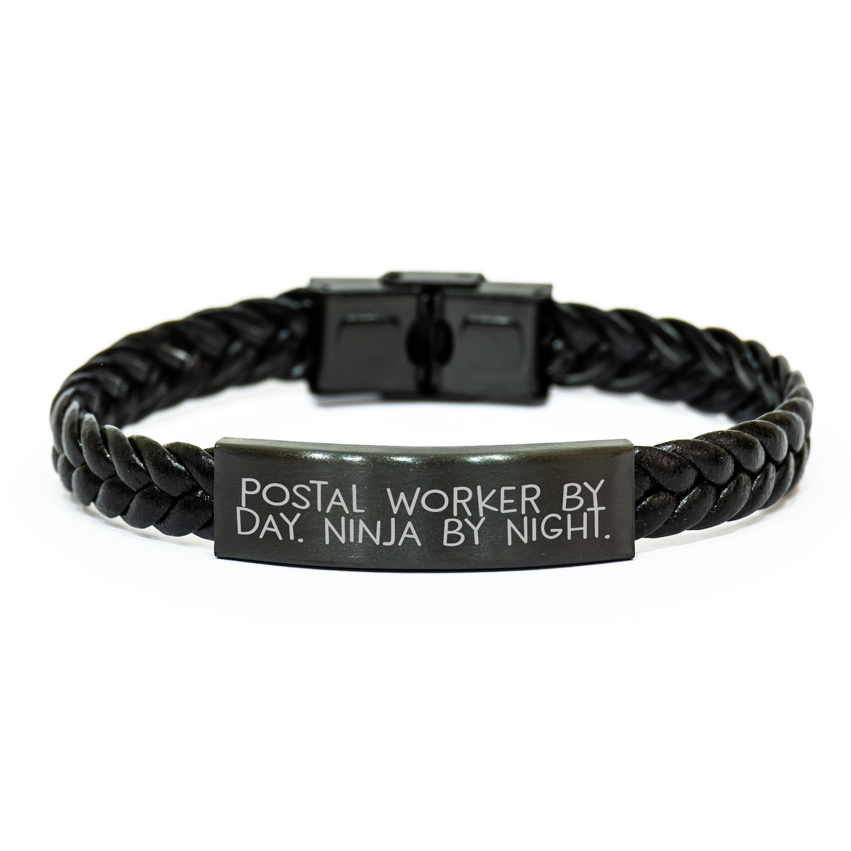 Postal Worker Gifts, Men's Interlaced Leather Bracelet, Funny Quote, Postal Worker By Day. Ninja By Night. - Unique Gifts for Postal Worker, Men, Coworkers, Family, Friends, Graduation Unique Gifts - Image 1