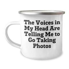 Funny Taking Photos Gifts for Men from Friends, Encouraging Adventure Graduation Unique Mugs, Camping Mug with Quote 'The Voices In My Head Are Telling Me To Go Taking Photos' - Image 1