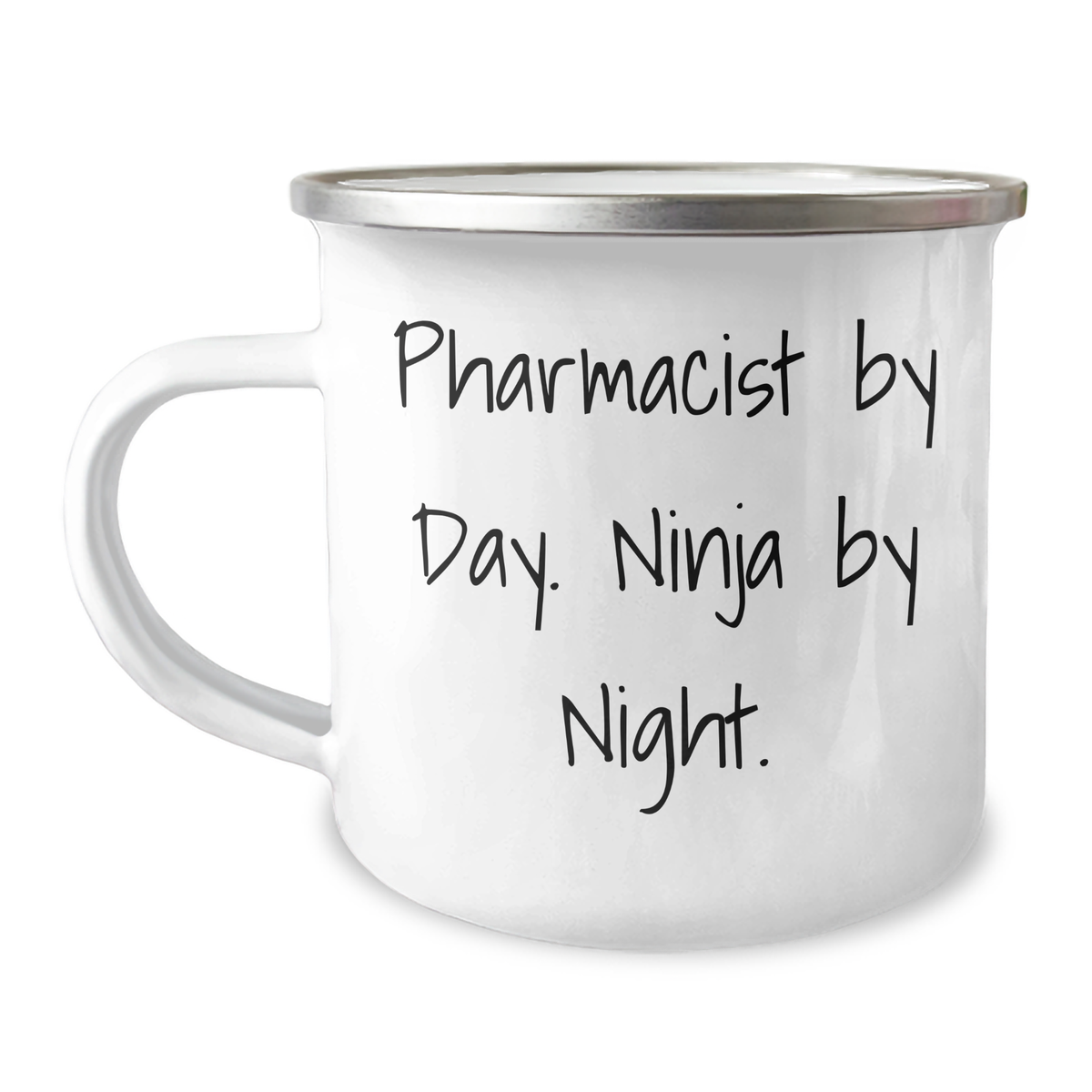 Pharmacist Gifts from Friends, Unique Camping Mug for Graduation, 'Pharmacist By Day. Ninja By Night.' - Enamel Finish, 12 oz - Image 1