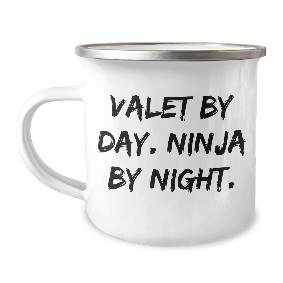 Valet Gifts for Men, Funny Camping Mug from Friends for Graduation, 'Valet By Day. Ninja By Night.' Quote on Stainless Steel with Enamel Finish, 12 oz Capacity - Image 1