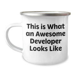Funny Developer Gifts from Men to Awesome Developers - Camping Mug for Father's Day, Enamel Finish, 12 oz Capacity - Image 1