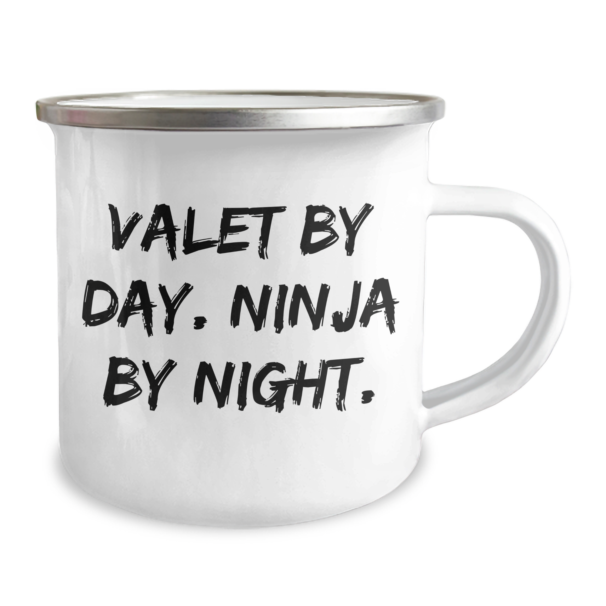 Valet Gifts for Men, Funny Camping Mug from Friends for Graduation, 'Valet By Day. Ninja By Night.' Quote on Stainless Steel with Enamel Finish, 12 oz Capacity - Image 2