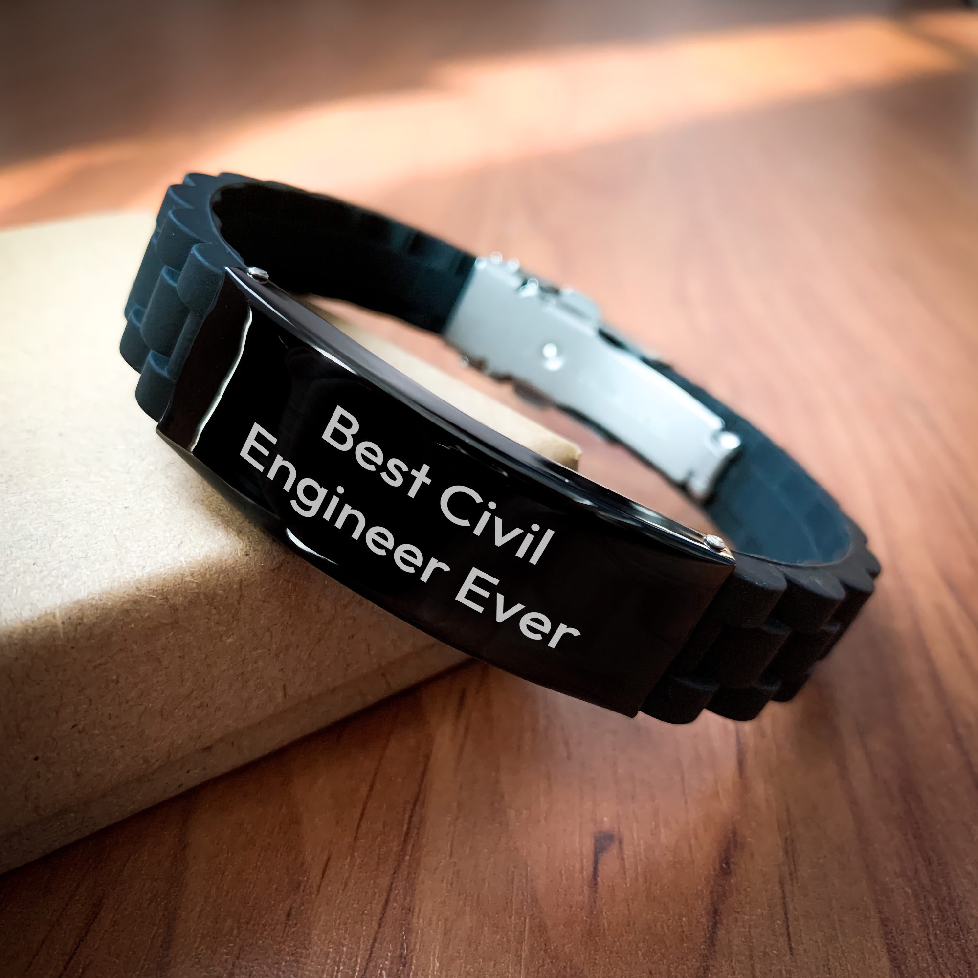 Civil Engineer Ever Gifts from Friends, Unique Graduation Unique Gifts for Civil Engineer Men, Glide lock Clasp Black Stainless Steel Silicone Adjustable Best Civil Engineer Ever - Image 2