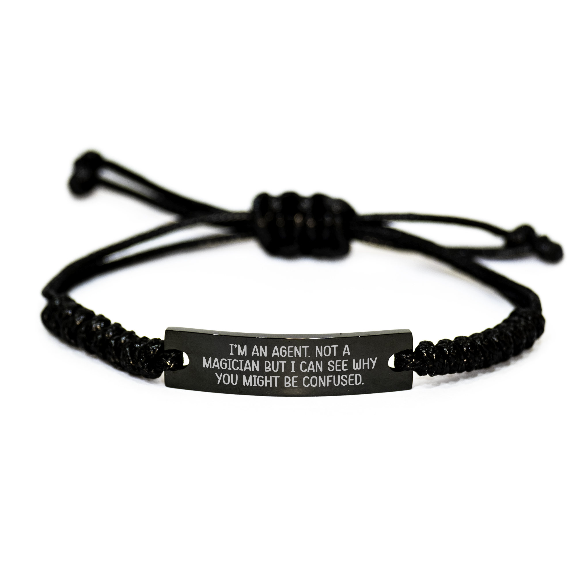 Agent Rope Bracelet Funny Quote Gift for Men from Friends and Family - Adjustable Black Stainless Steel - Image 1