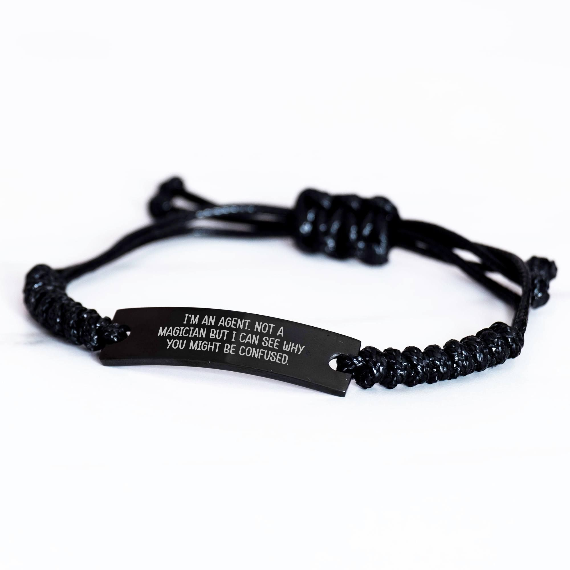 Agent Rope Bracelet Funny Quote Gift for Men from Friends and Family - Adjustable Black Stainless Steel - Image 2