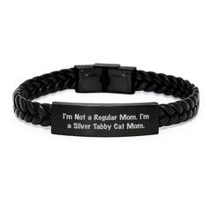 Silver Tabby Cat Mom Engraved Interlaced Leather Bracelet, Funny Cat Mom Gift Ideas for Women on Birthday, Gifts from Mom to Daughter, Daughter's Birthday Unique Gifts for Silver Tabby Cat Lover - Image 1