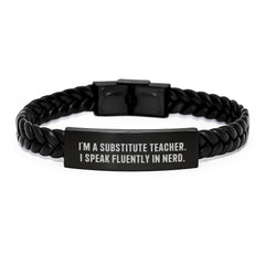 Funny Substitute Teacher Gifts - Interlaced Leather Bracelet for Men, Women, or Coworkers - 'I'm A Substitute Teacher. I Speak Fluently In genius.' Quote, Graduation Unique Gifts from Family, Friends - Image 1
