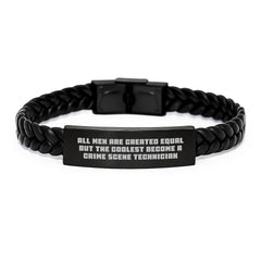 Funny Crime Scene Technician Gifts for Men - 'All Men Are Created Equal But The Coolest Become A Crime Scene Technician' Interlaced Leather Bracelet, Christmas Unique Presents - Image 1