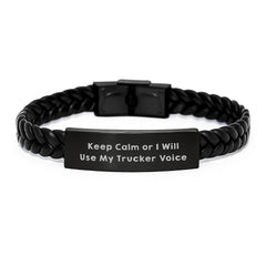 Funny Trucker Gifts from Men, Trucker Interlaced Leather Bracelet for Men, Keep 'em Calm or I Will Use My Trucker Voice - Image 1