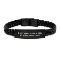 Funny Beagle Dog Dad Gifts for Him from Friends on Graduation Unique Gifts, 'I Just Want To Be A Stay At Home Beagle Dad' Interlaced Leather Bracelet for Men - Image 1
