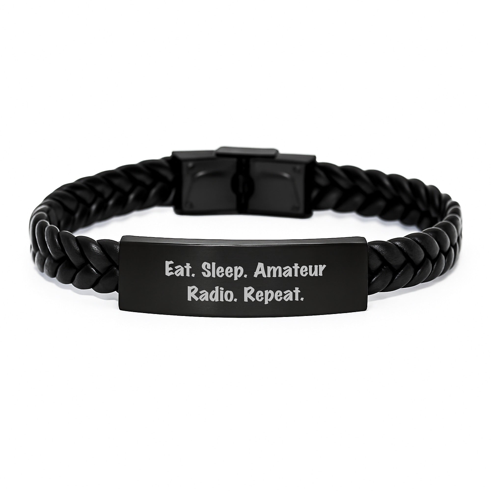 Funny Amateur Radio Gifts for Men - Interlaced Leather Bracelet from Friends - Eat. Sleep. Amateur Radio. Repeat. Birthday Unique Presents for Radio Enthusiasts - Image 1