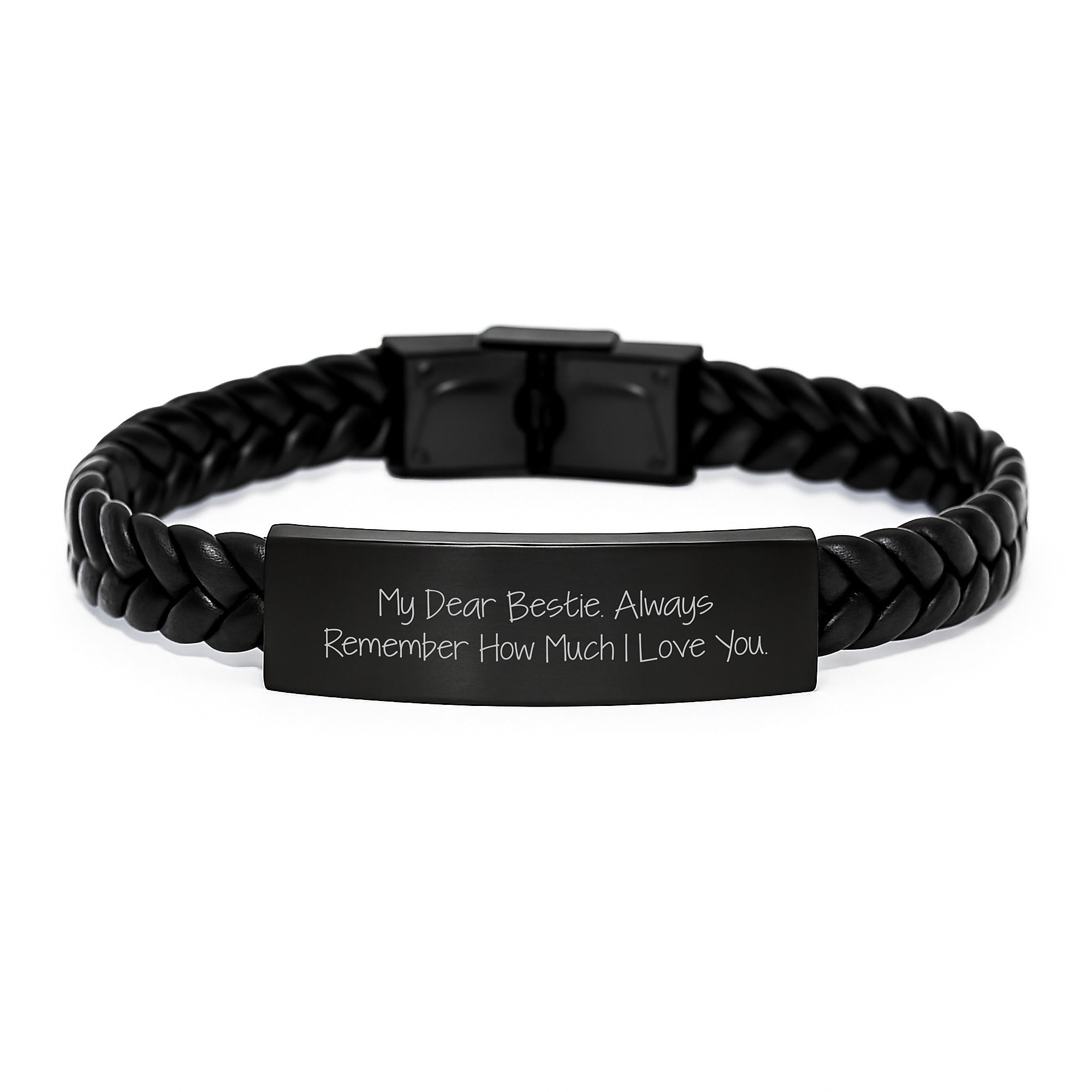 Funny Bestie Gifts - Interlaced Leather Birthday Present from Friends to Bestie - Engraved Stainless Steel Quote 'My Dear Bestie. Always Remember How Much I Love You.' - Image 1