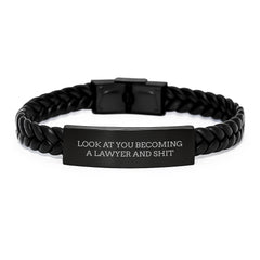 Funny Lawyer Gifts, Christmas Unique Gifts for Lawyer Men, 'Look At You Becoming A Lawyer And Shit' Interlaced Leather Bracelet - Image 1
