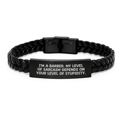 Funny Barber Gifts from Friends to Men - 'I'm A Barber, My Level Of Sarcasm...' Interlaced Leather Bracelet for Graduation Unique Gifts - Image 1