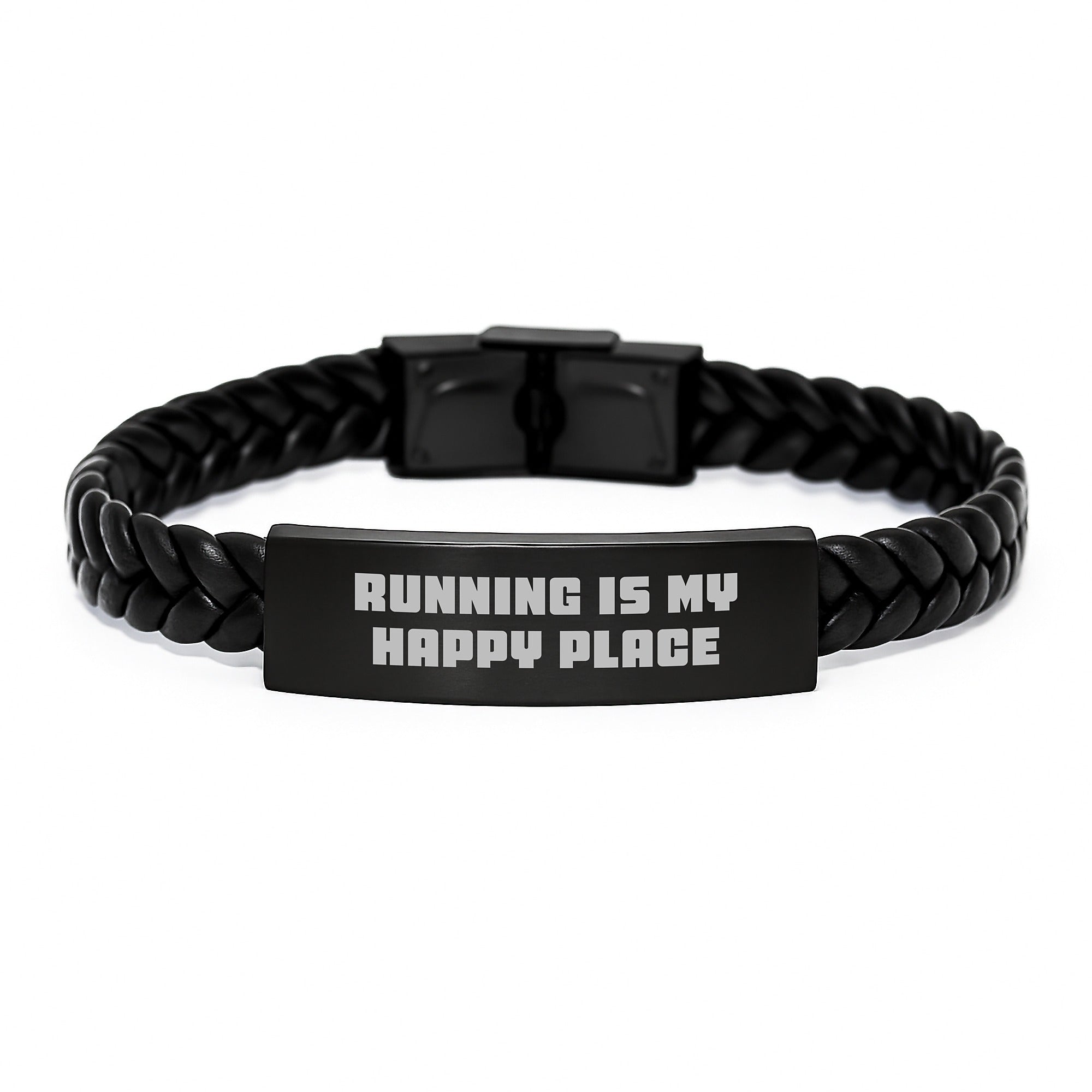 Funny Running Gifts for Men, Interlaced Leather Bracelet for Running Enthusiasts, Christmas Unique Gifts from Friends, 'Running Is My Happy Place' - Image 1